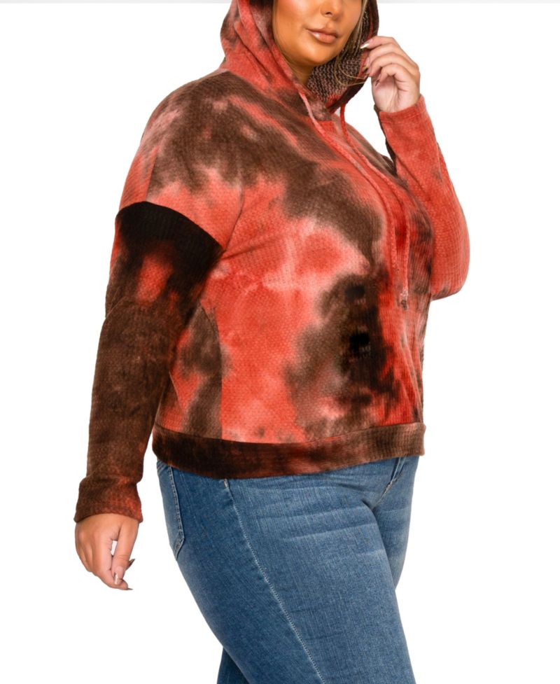 Plus Size Brushed Tie Dye Waffle Drawstring Sweatshirt