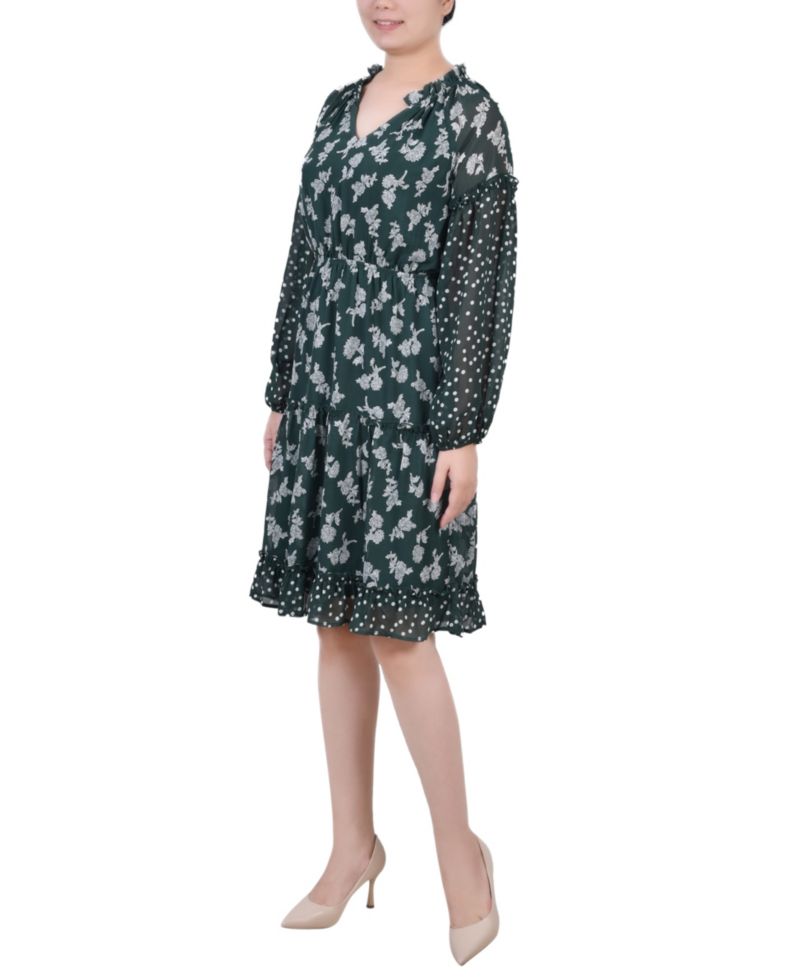 Petite Long Sleeve Combo Chiffon Dress