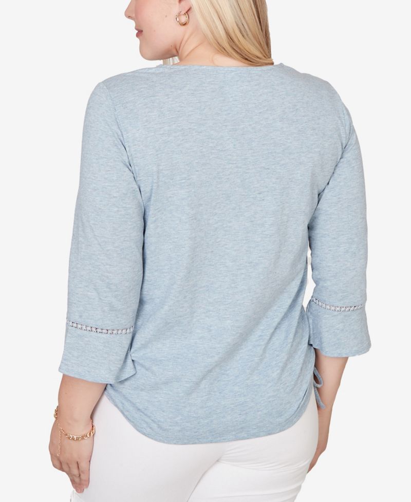 Petite Out of the Blue Center Scroll Embroidered Side-Tie Split Neck Top