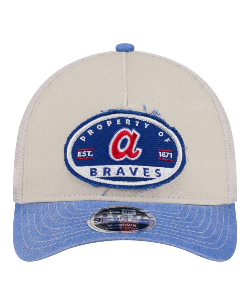 Men's Light Beige/Royal Atlanta Braves Frayed M-Crown A-Frame 9FORTY Trucker Adjustable Hat