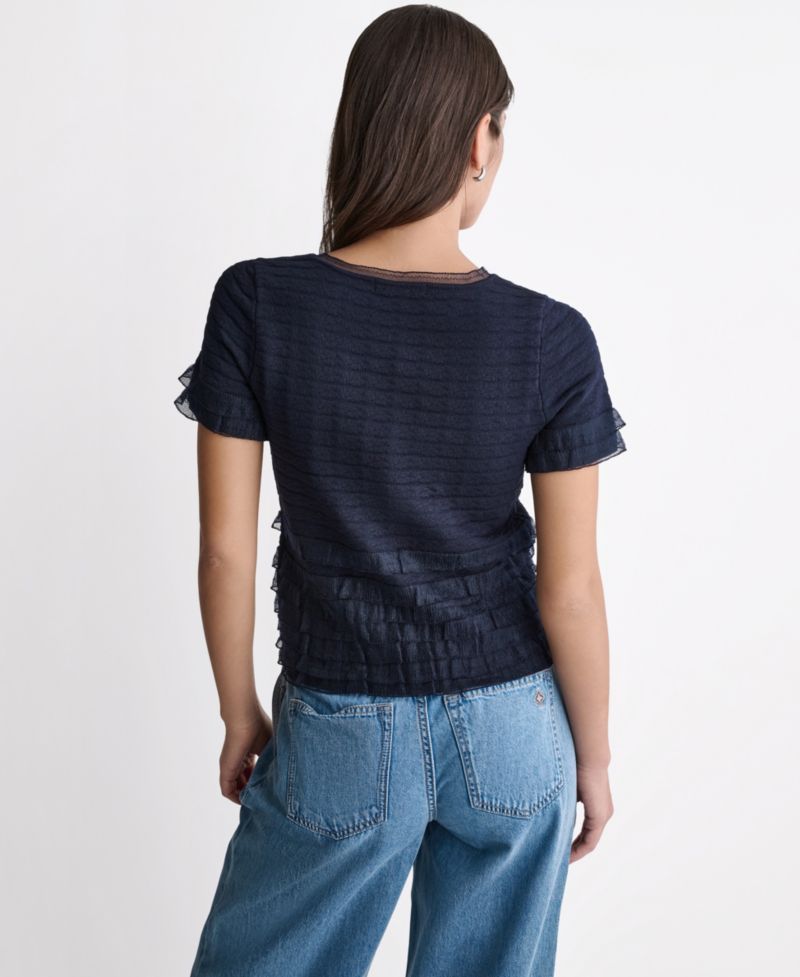 Women's Pointelle Ruffle Short-Sleeve Sweater