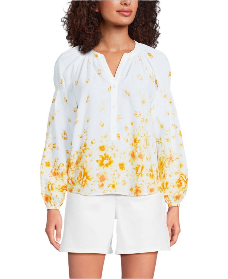 Women's Cotton Voile Long Sleeve Raglan Smocked Top