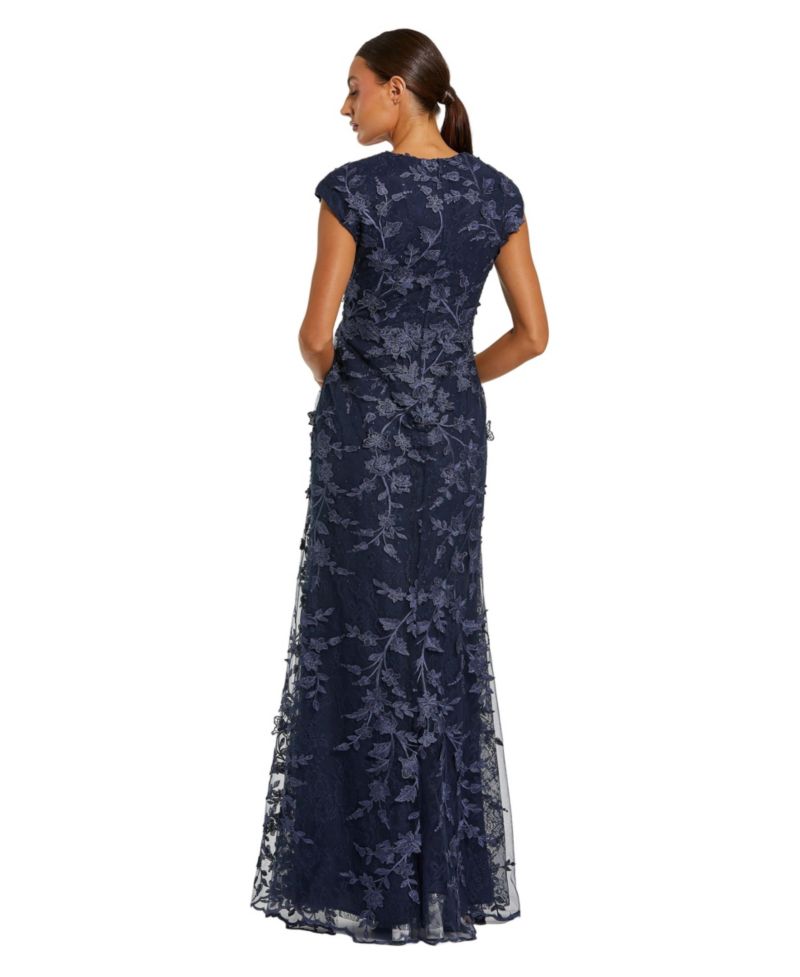 Petite Faux Wrap Embroidered Cap Sleeve Gown