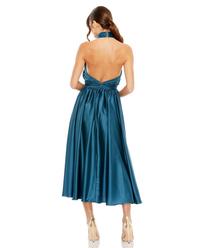 Women's Pleated Charmeuse High Neck Sleeveless Midi Dress
