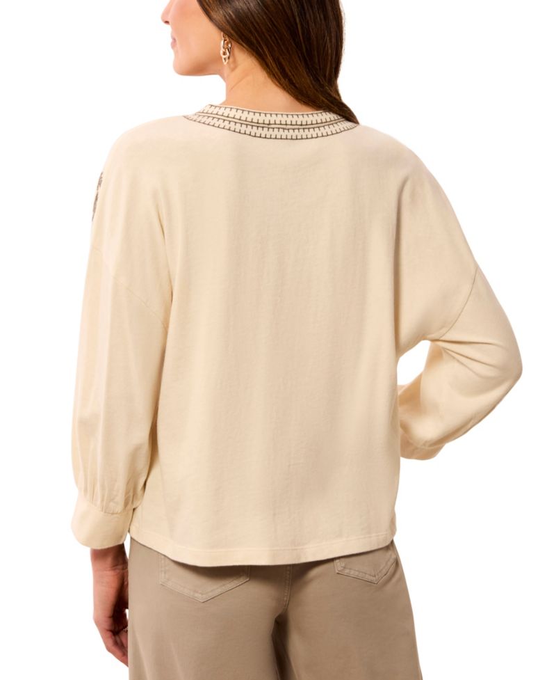 Women's Paisley Park Floral-Embroidery 3/4-Raglan-Sleeve Notch-Neck Blouse