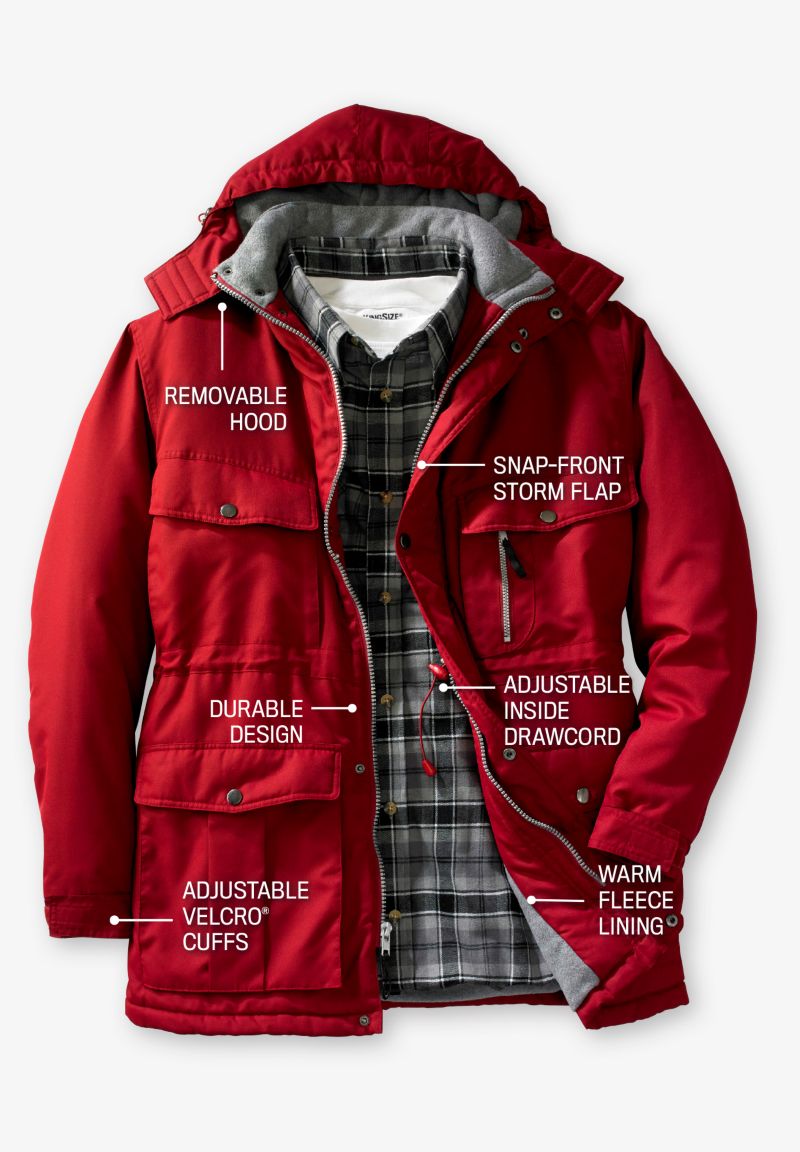 Men's by KingSize Fleece-Lined Parka with Detachable Hood and 6 Pockets