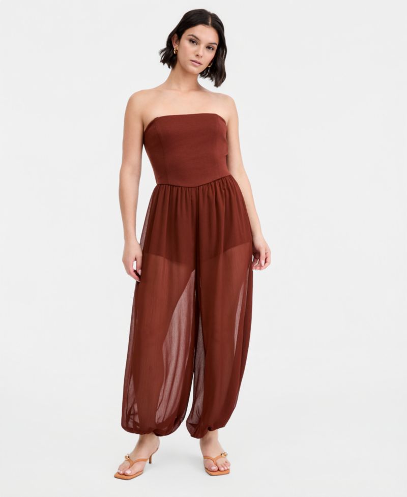 Women's Mixed-Media Strapless Bubble Jumpsuit
