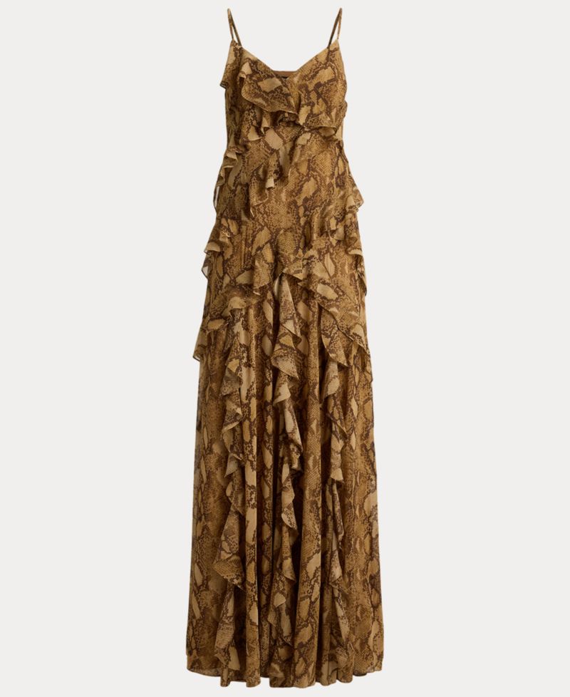 Women's Python-Print Ruffle-Trim Georgette Gown