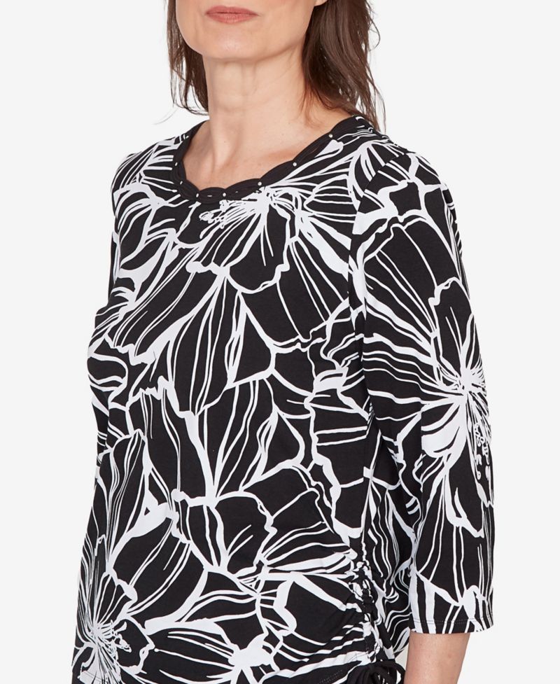 Women's Classic Floral Linework Side Tie Ruched Top