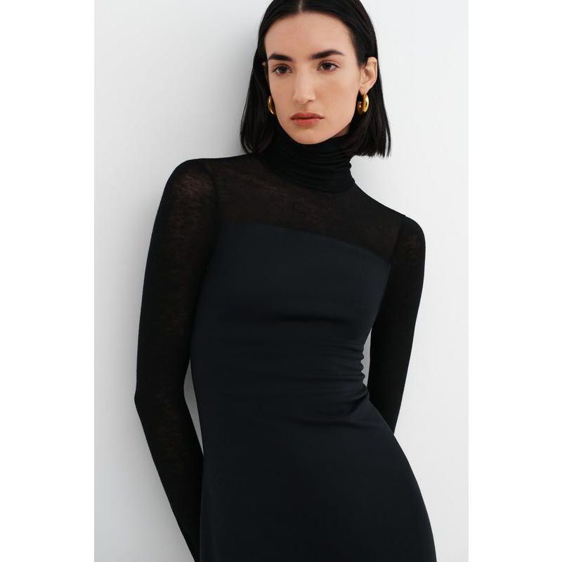 Women's Marina Fitted Turtleneck Midi Dress with Sheer Jersey Sleeves