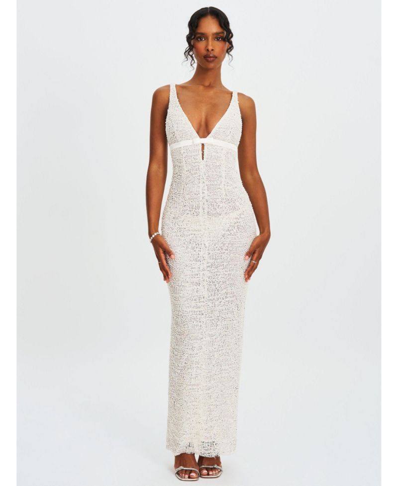 Women's Adelaide White Beaded Sequin Net Bodycon Gown