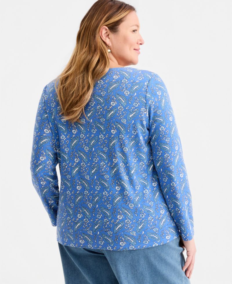 Plus Size Printed Long-Sleeve Scoop-Neck Top