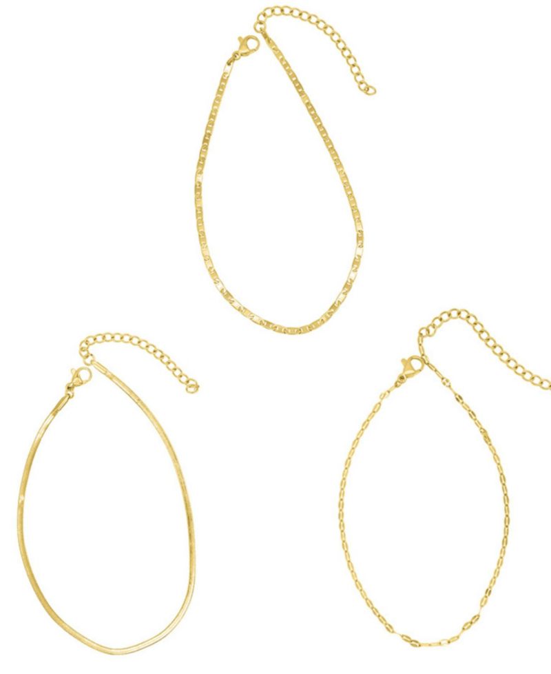 Gold Tarnish Resistant Adjustable 9-11" Herringbone, Valentina and Mariner Chain Anklet Set