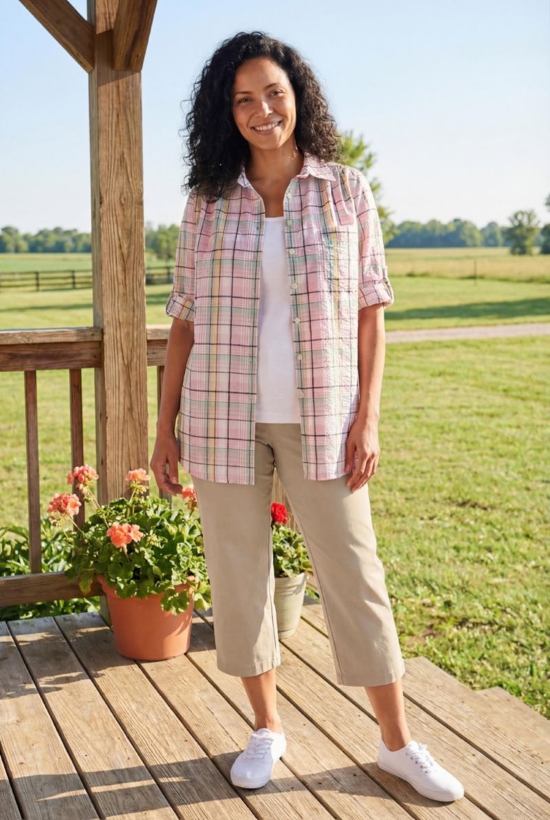 Women's Within Short-Sleeve Button-Down Cotton Seersucker Shirt
