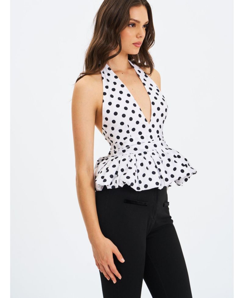 Women's Ilene White and Black Polka Dot Bubble Hem Halter Top