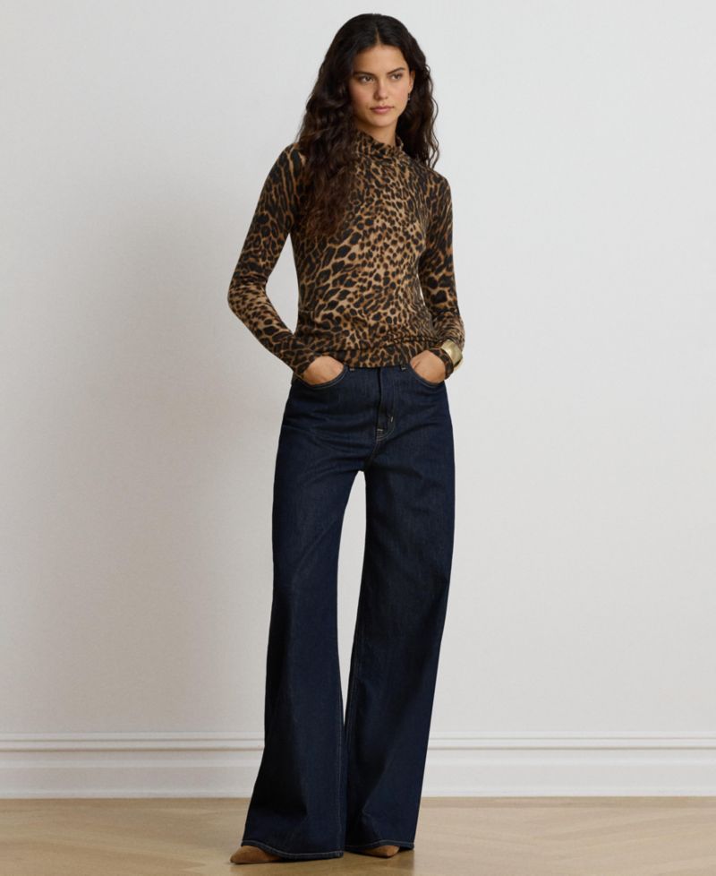 Women's Ocelot-Print Mock Neck Long-Sleeve Sweater