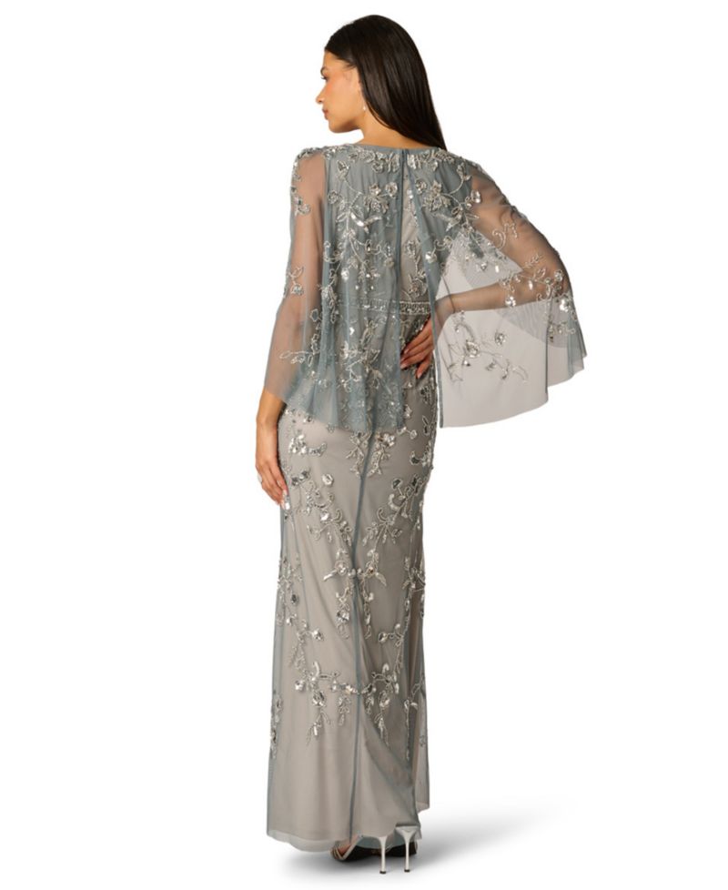 Women's Beaded Cape-Sleeve Gown