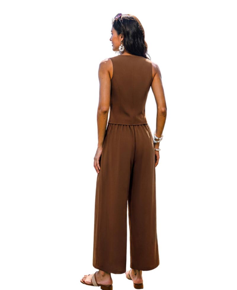 Women's Tailored V-Neck Vest and Wide-Leg Pants, 2-Piece Set