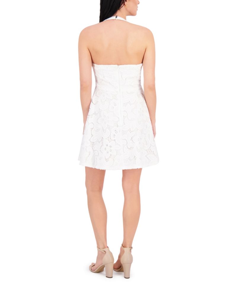 Women's Heavy Lace Halter V-Neck Flared Mini Dress