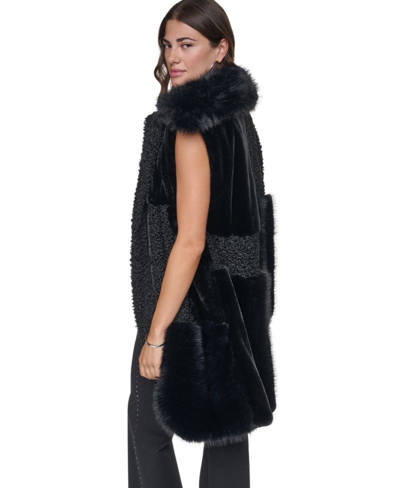 Women's Patch-Mix Mid-Length Collared Faux Fur Vest