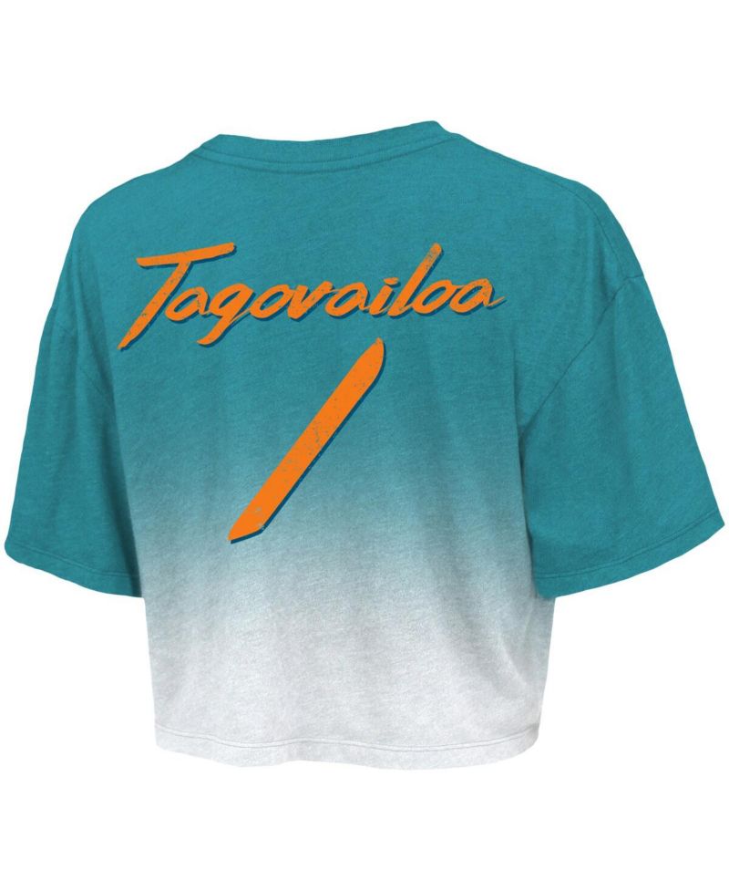 Women's Threads Tua Tagovailoa Aqua, White Miami Dolphins Drip-Dye Player Name and Number Tri-Blend Crop T-shirt