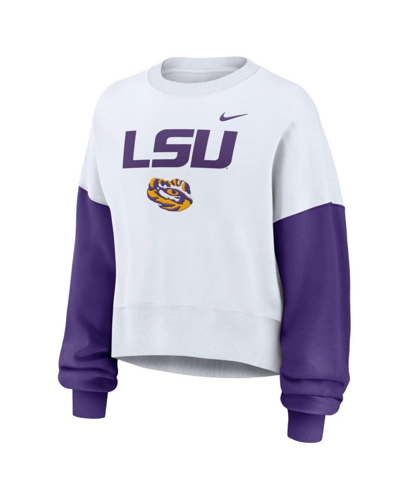 Women's White LSU Tigers Color-Block Oversized Cropped Pullover Sweatshirt