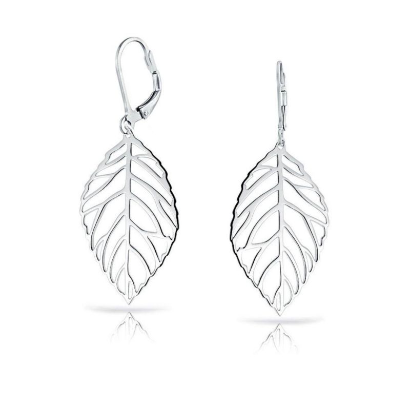 Boho Cut-Out Leaf Dangle Earrings Sterling Silver Lever Back Lightweight