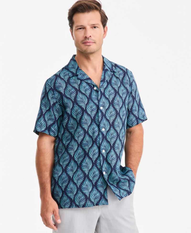 Men's Linen Leaf-Print Short-Sleeve Shirt