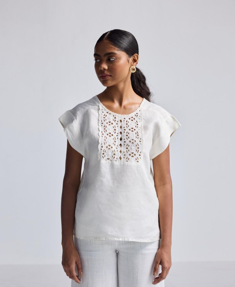Women's Boxy Top with Embroidered Lace Detail