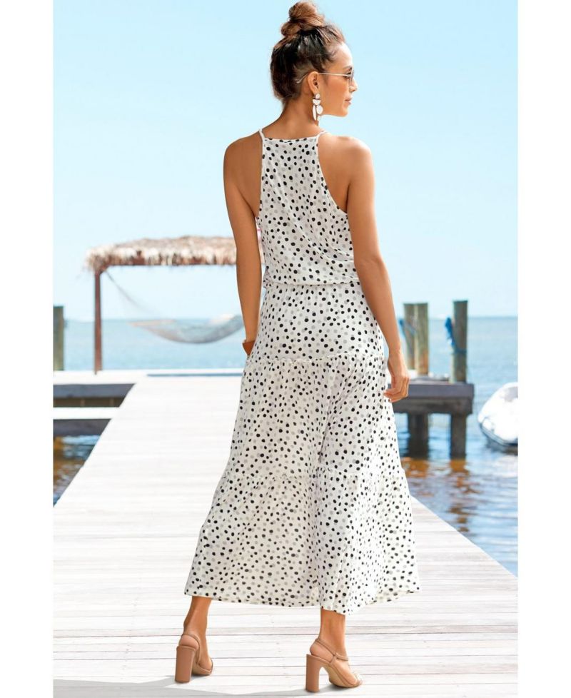 Women's Polka-Dot Tiered High-Neck Maxi Dress