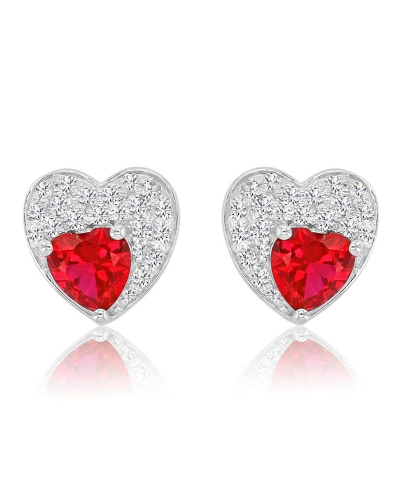 Created White Sapphire and Ruby Paved Heart Stud Earrings in Rhodium Over Sterling Silver
