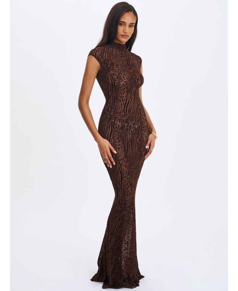 Women's Tyanna Mocha Burnout Velvet Mesh Backless Mermaid Maxi Dress