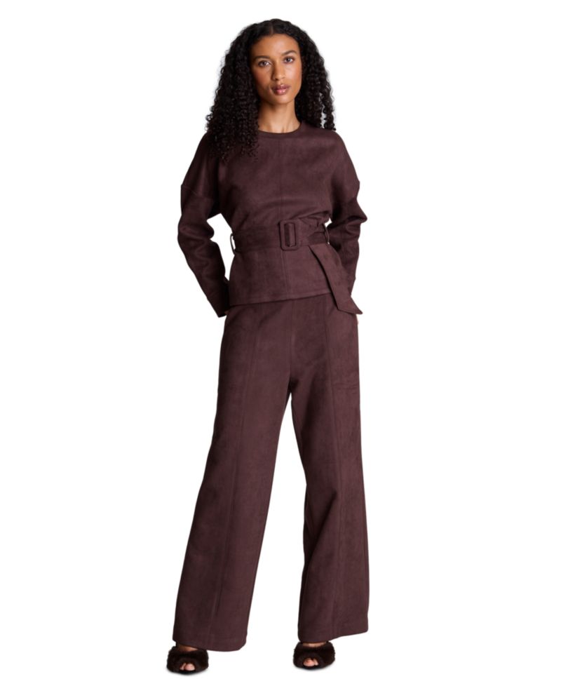Women's Faux Suede Belted Crewneck Long Sleeve Pullover