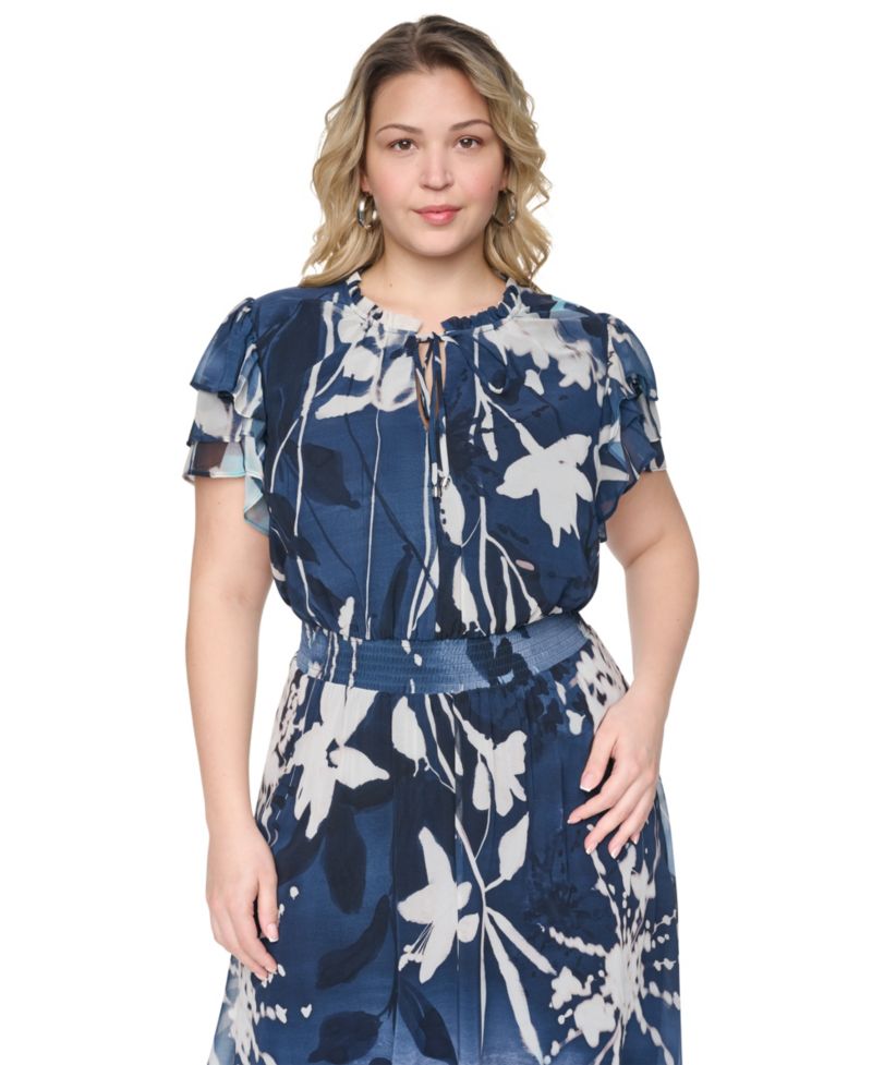 Plus Size Tie Neck Flutter-Sleeve Dress