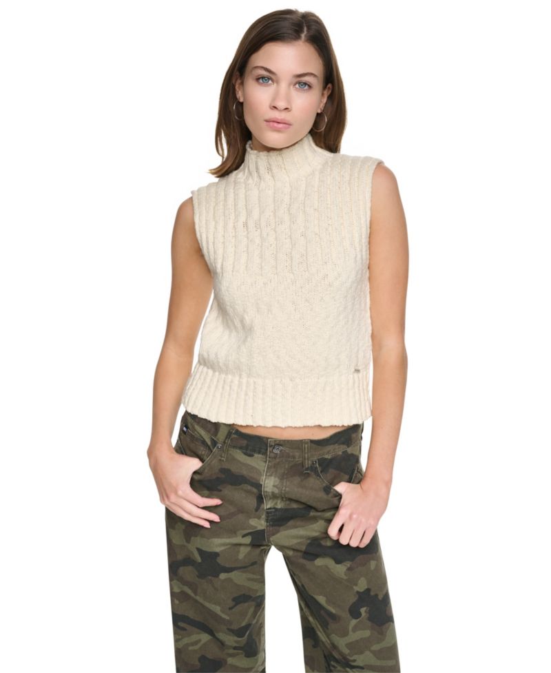 Women's Sleeveless Mock-Neck Cable-Knit Sweater