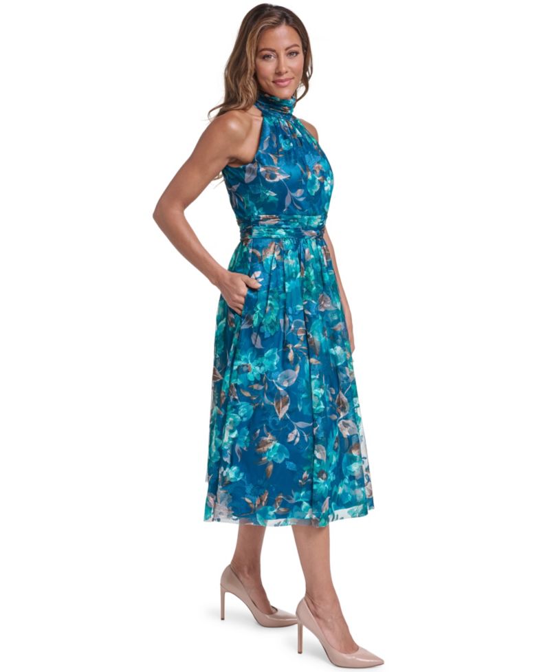 Women's Floral-Print Halter Mock Neck A-Line Midi Dress