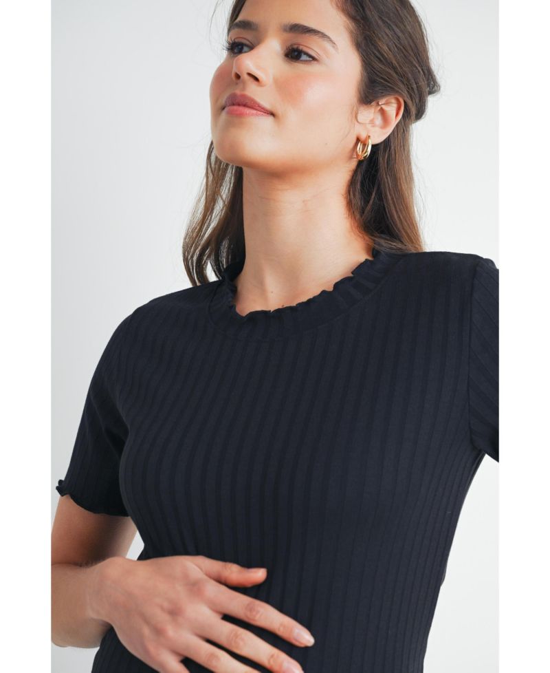 Women's Maternity Ribbed Crew Neck Short Sleeve Top with Lettuce Hem