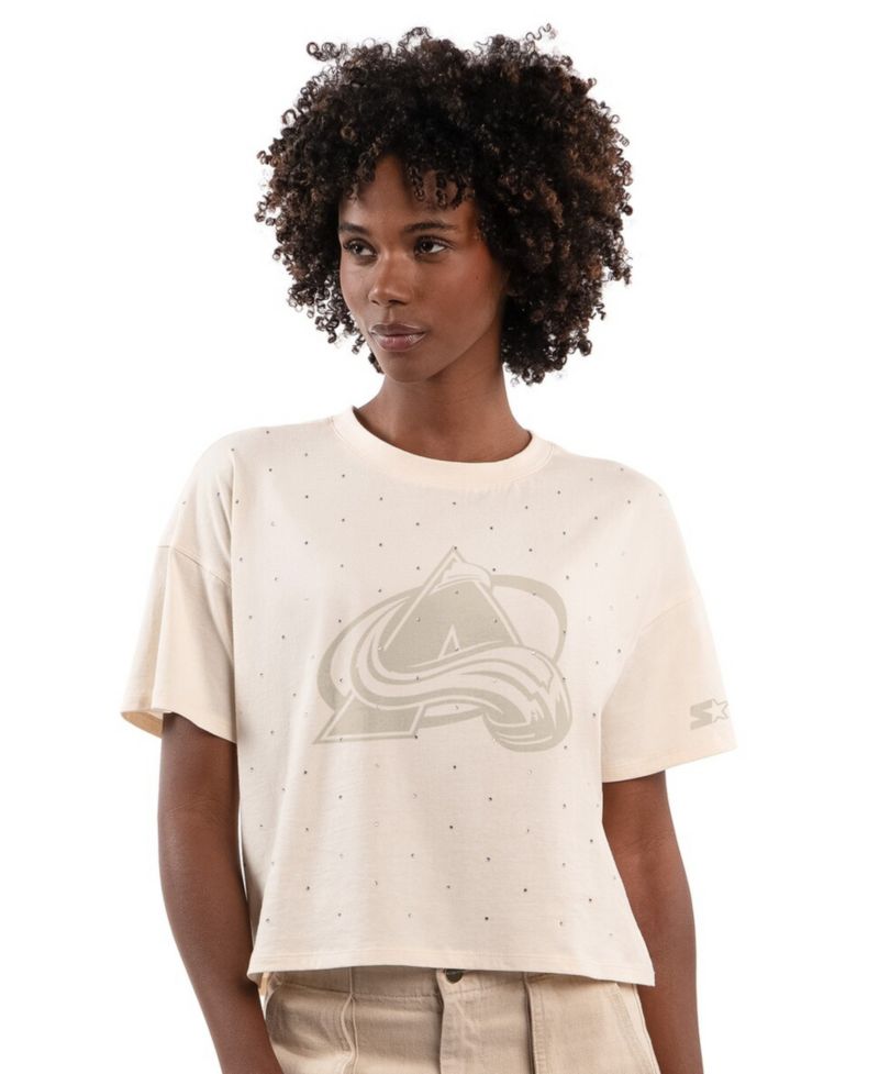 Women's Cream Colorado Avalanche Rhinestone Sprinkle Boxy Cropped T-Shirt