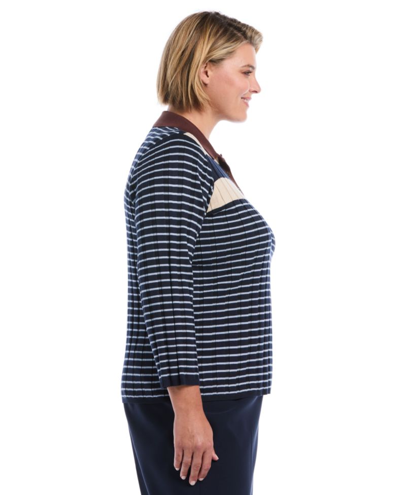 Plus Size Striped Polo 3/4 Sleeve Sweater