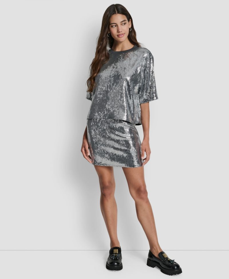 Women's Sequins Crewneck Boxy Short-Sleeve Relaxed T-Shirt