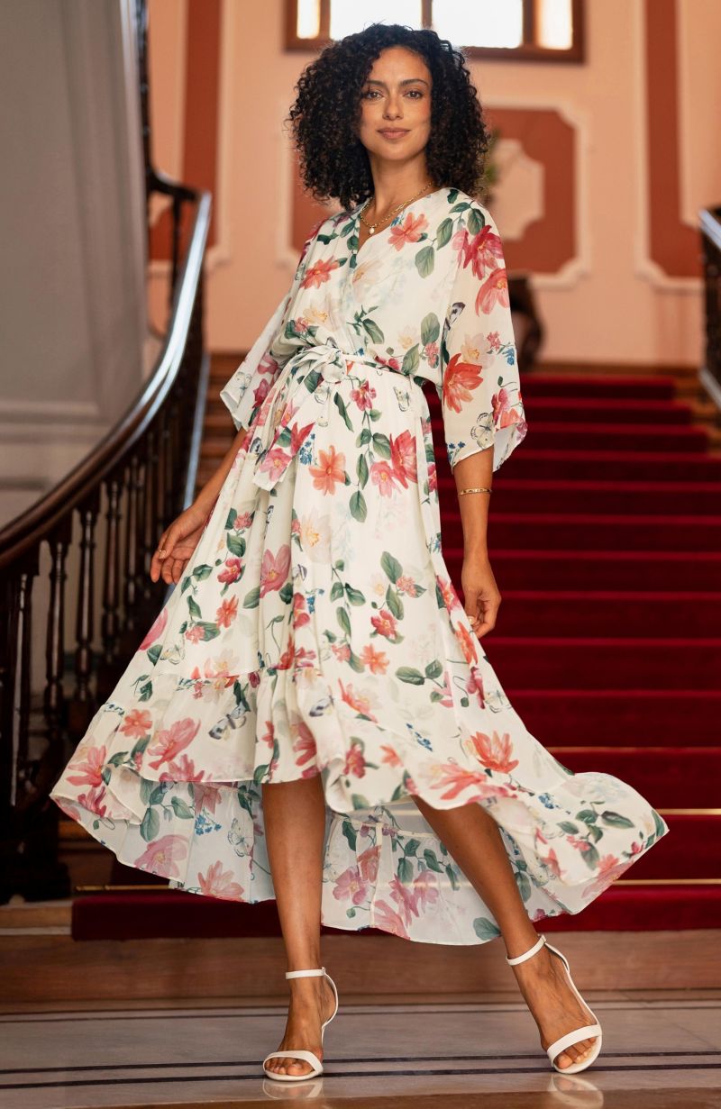 Women's Floral Dip Hem Wrap Midi Dress