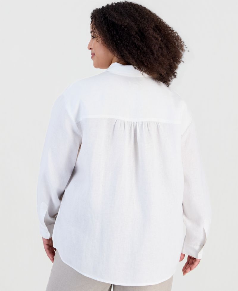 Plus Size Linen Roll-Tab Sleeve Button-Front Tunic