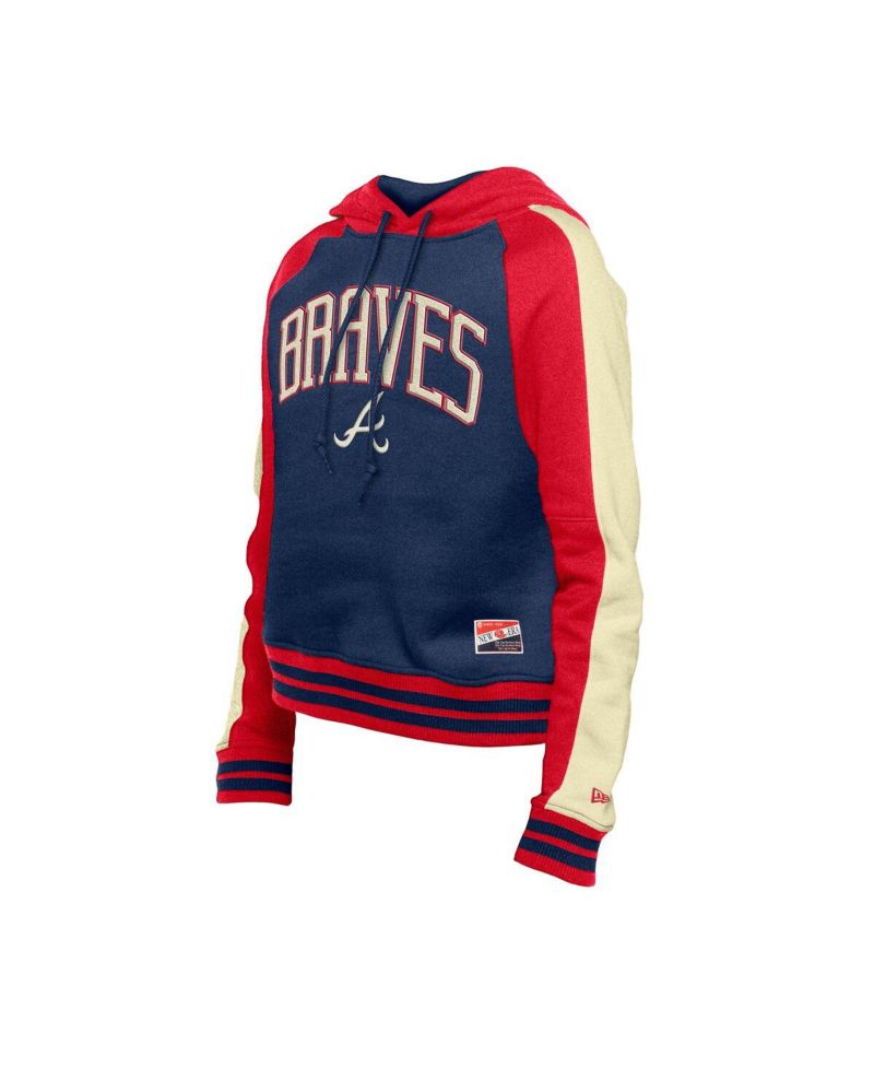 Women's Navy Atlanta Braves Cooperstown Collection Cropped Raglan Pullover Hoodie