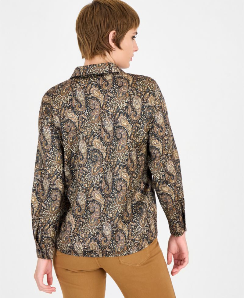 Women's Duomo Long-Sleeve Polo Collar Printed Blouse