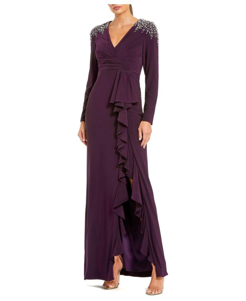 Women's Long Sleeve Gown with Cascading Ruffle and Rhinestone Shoulders