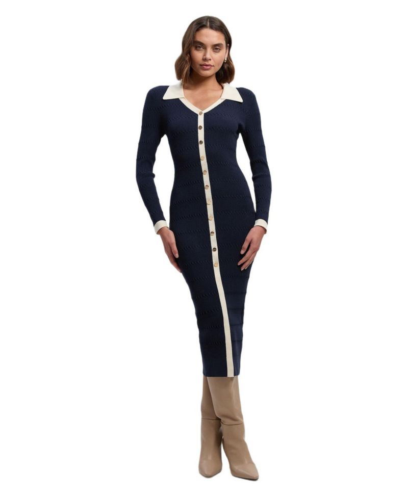 Women's Rib Contrast Button Knit Midi Dress