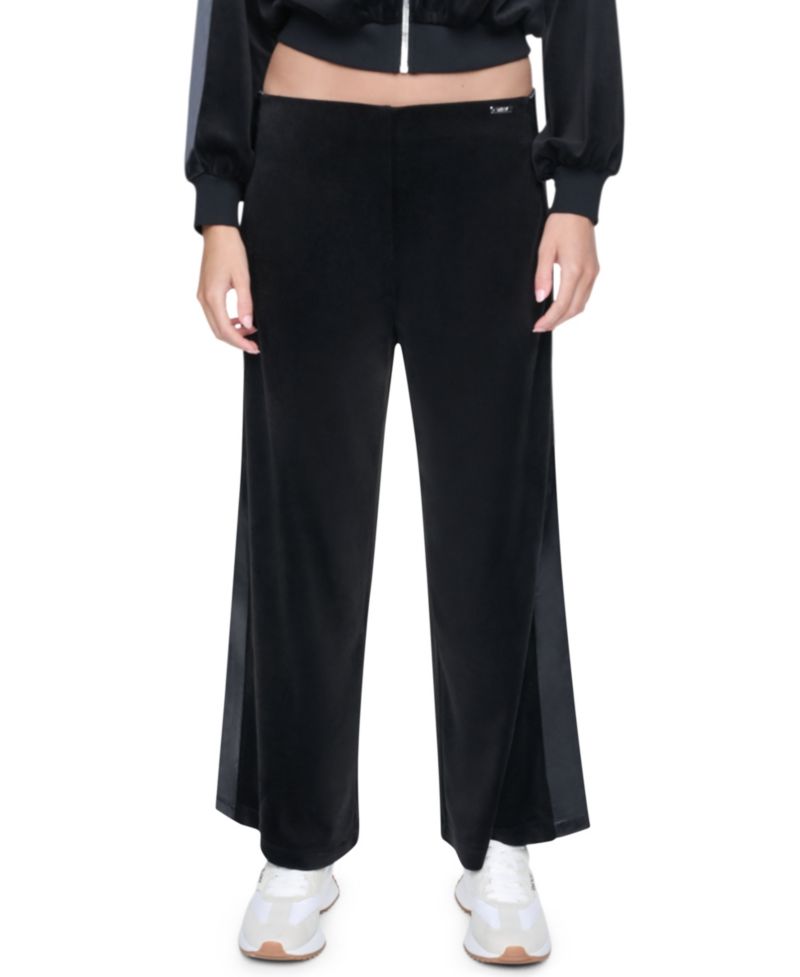 Petite Velour and Satin Trim Pull-On Wide-Leg Pants