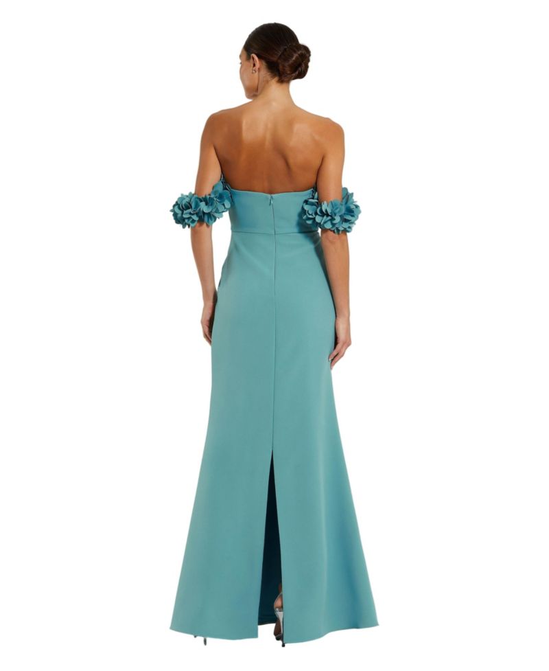 Crepe Off The Shoulder Gown With 3D Flowers