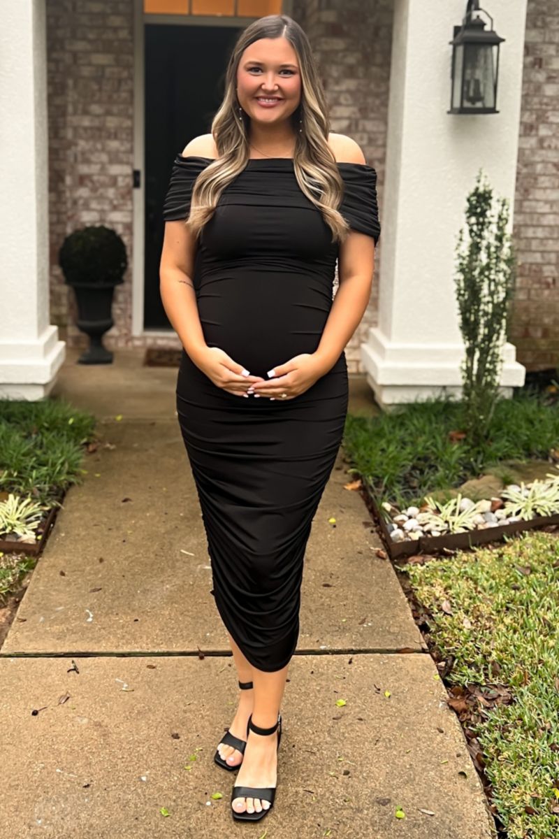 Women's Black Off Shoulder Ruched Midi Dress