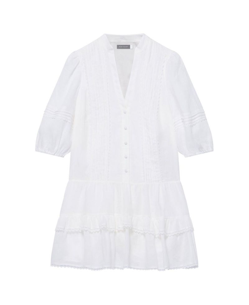 Women's Ruffle V-Neck Short-Sleeve Ramie Mini Dress